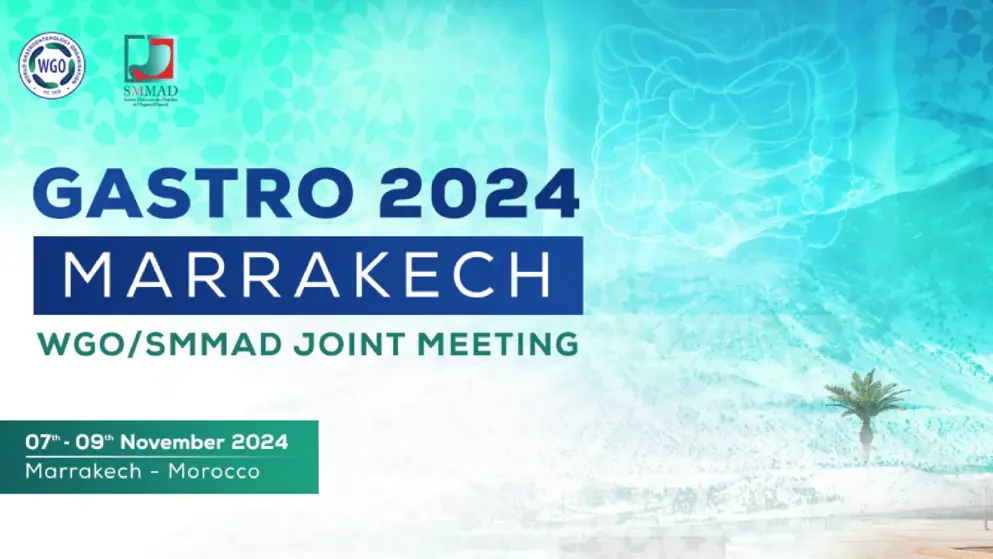 GASTRO 2024 WGO SMMAD meeting teaser. Blue and white background with event details overlayed