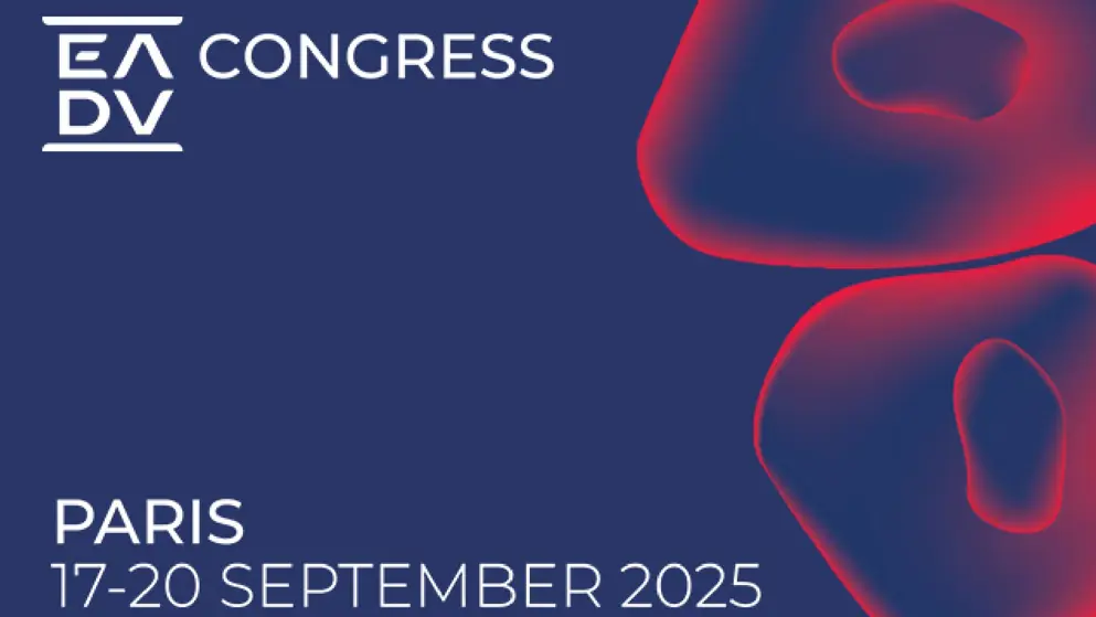 EADV 2025 congress teaser image, Dark Blue Background, red cell graphic, white text