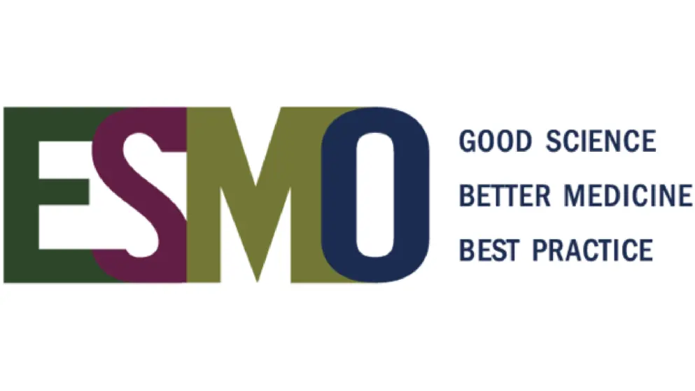 ESMO logo 2025, Dark green E, Purple S, Light Green M, Navy Blue O