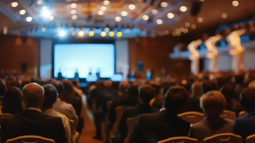 A defocused shot of attendees at a professional conference event