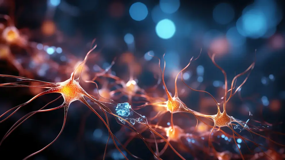 Digital illustration of neurons under a microscope, rendered in blue and orange